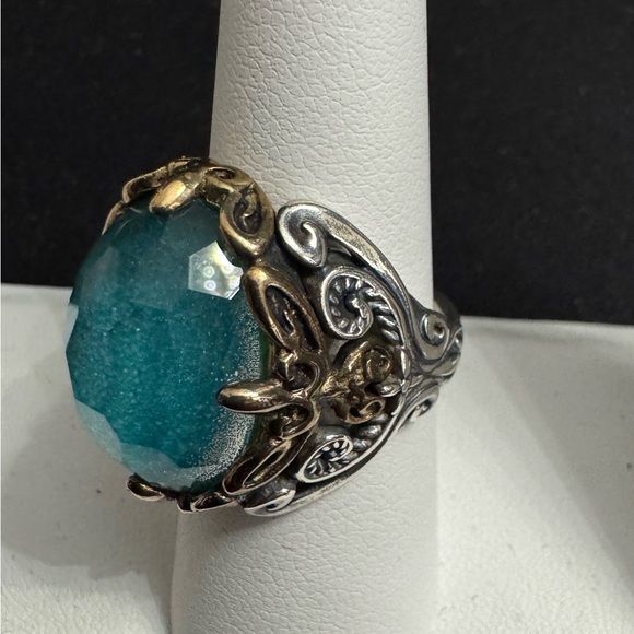 Carolyn Pollack 925 Silver/Gold Turquoise Blue Scroll Designed Gemstone Ring - Picture 4 of 11